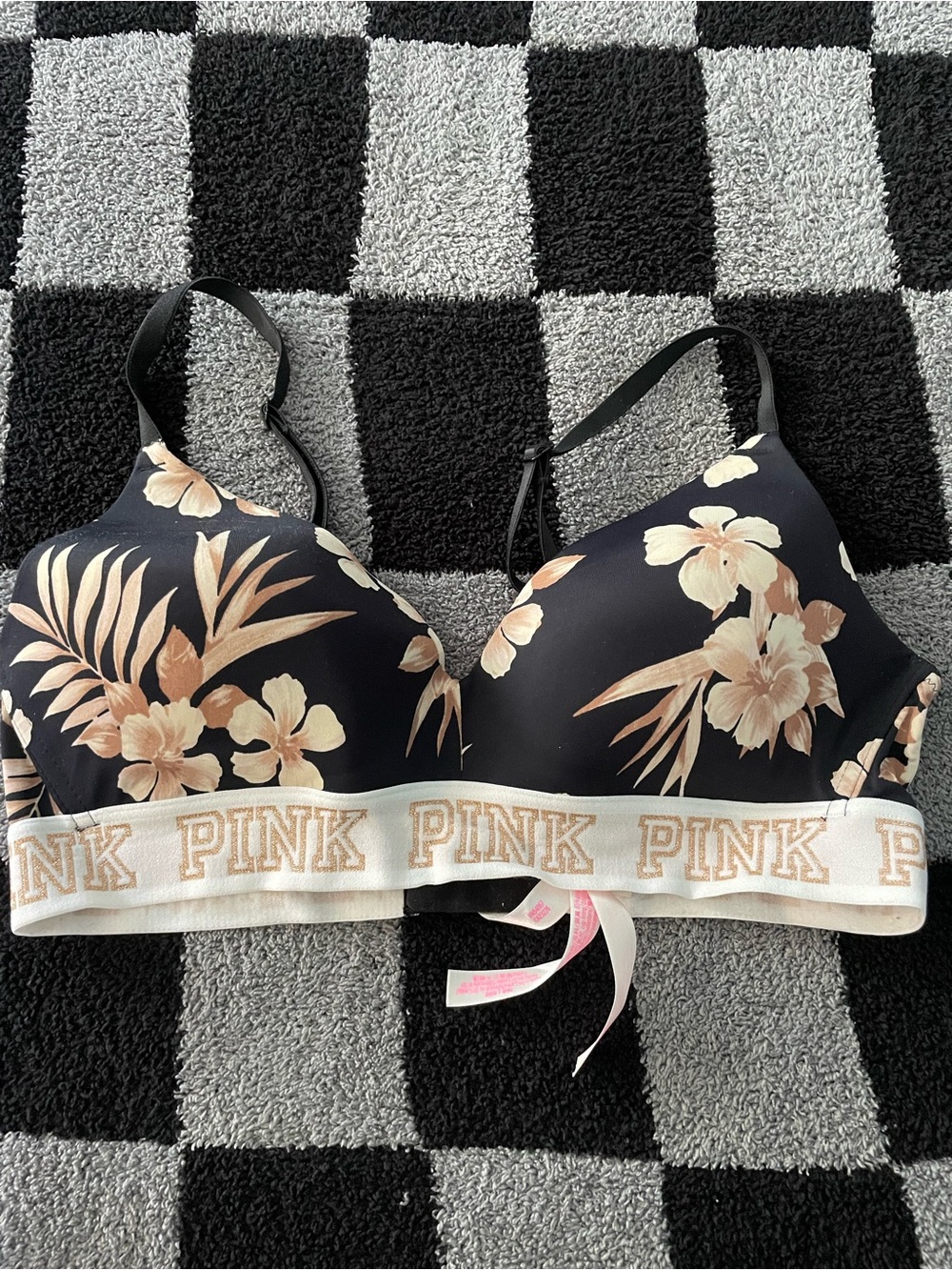 PINK Victoria's Secret Black Bralette with Peach Floral Print